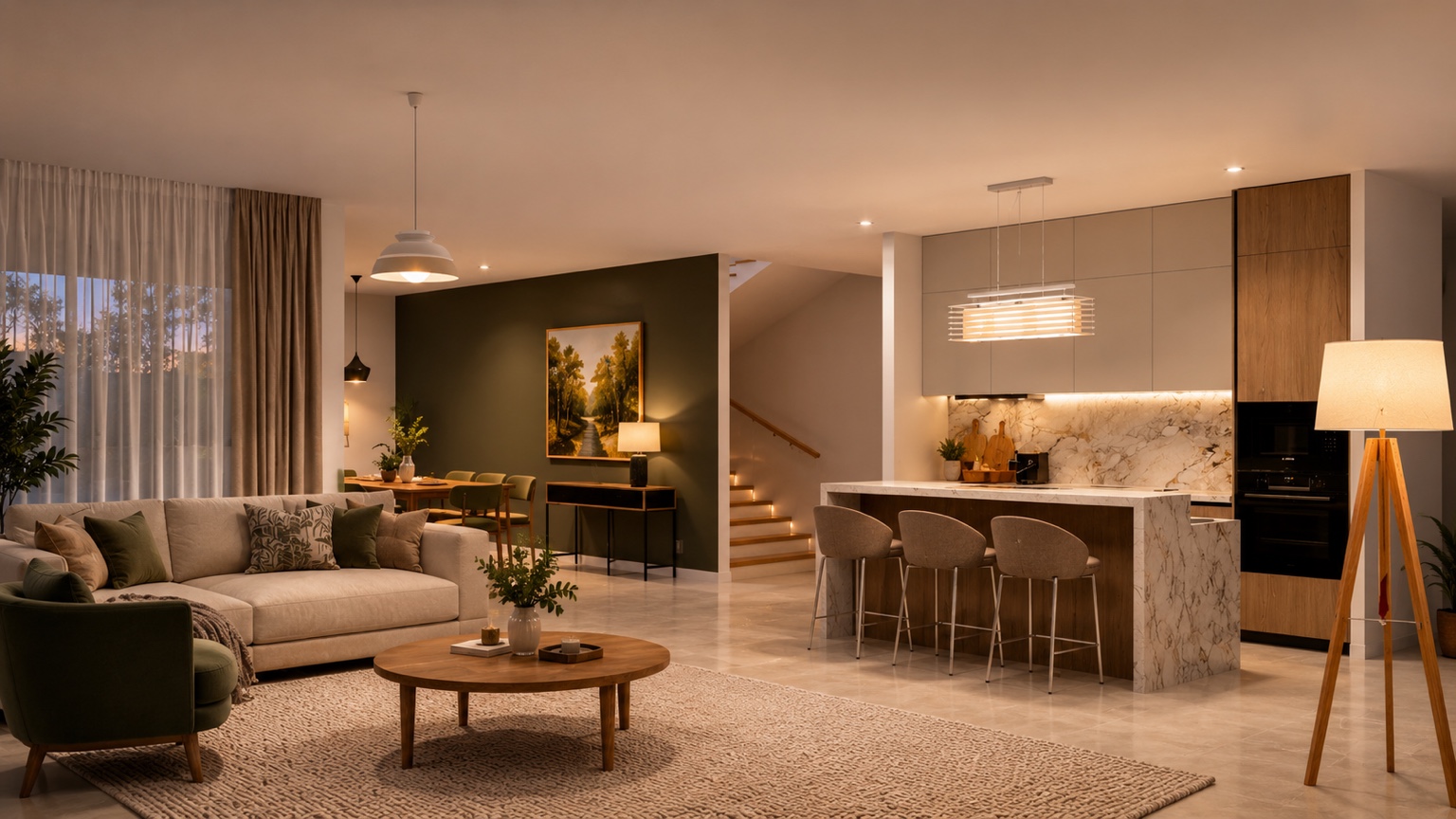 Open-plan kitchen, dining and living